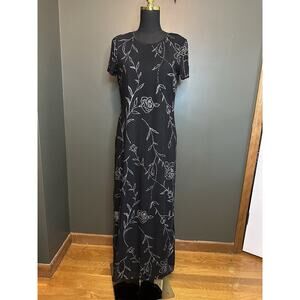 Byer Studio Maxi Modest Black Silver Rose Floral‎ Vintage Dress Size 10 Lined